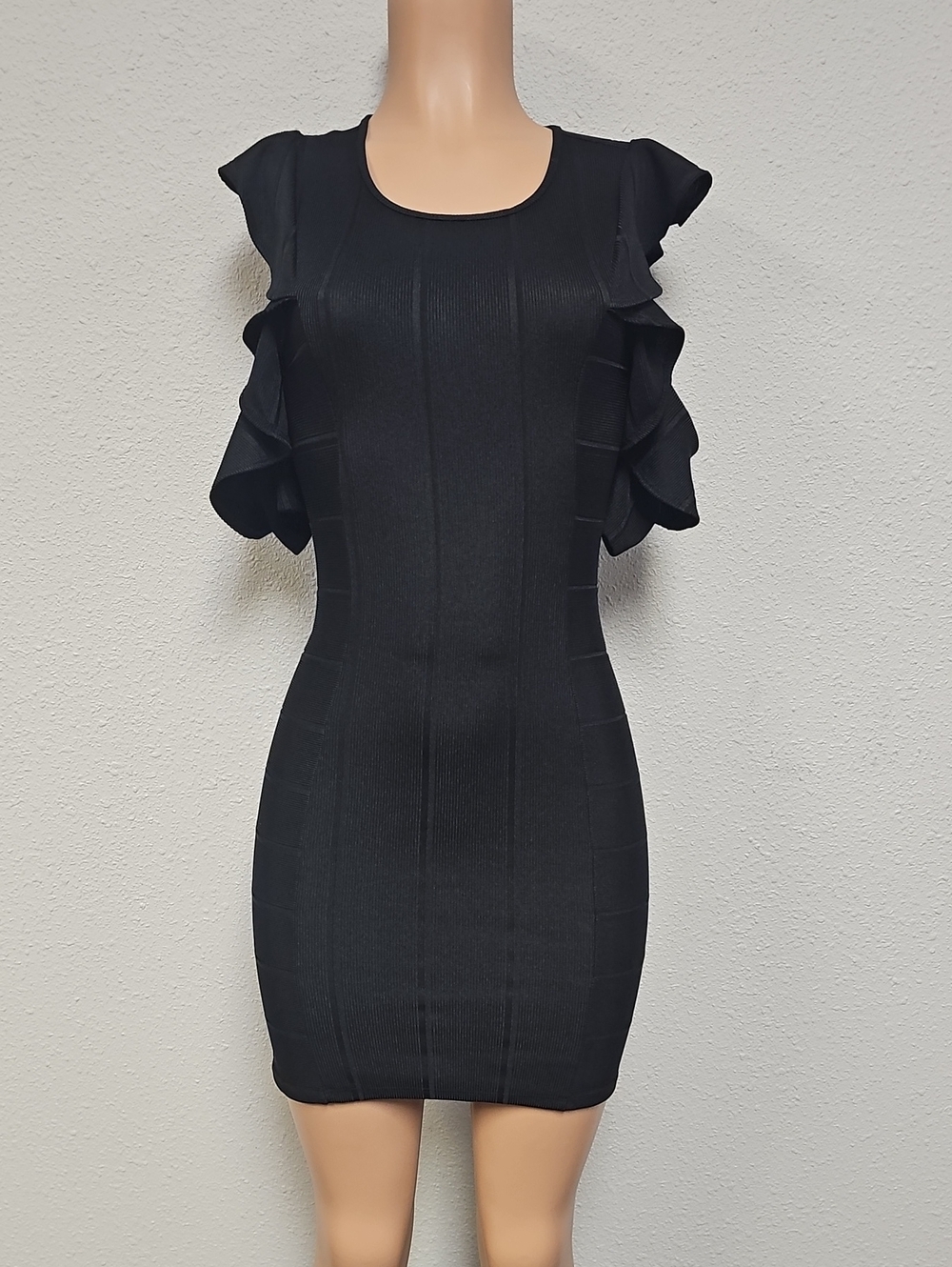 BCBG Black Ruffle-Sleeve Bodycon Mini Dress